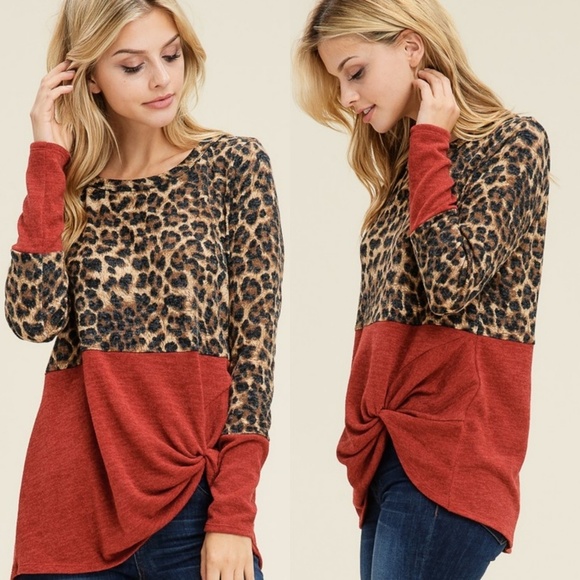 LAST 1! Cheetah/leopard color block side knot top - Picture 2 of 8